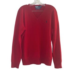Polo Ralph Lauren Red V-Neck Sweater Mens Medium 100% Lambswool Italian Yarn